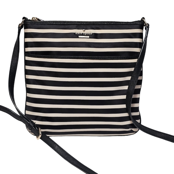 Kate Spade Black White Striped Nylon Leather Trim Crossbody Purse - Picture 8 of 16